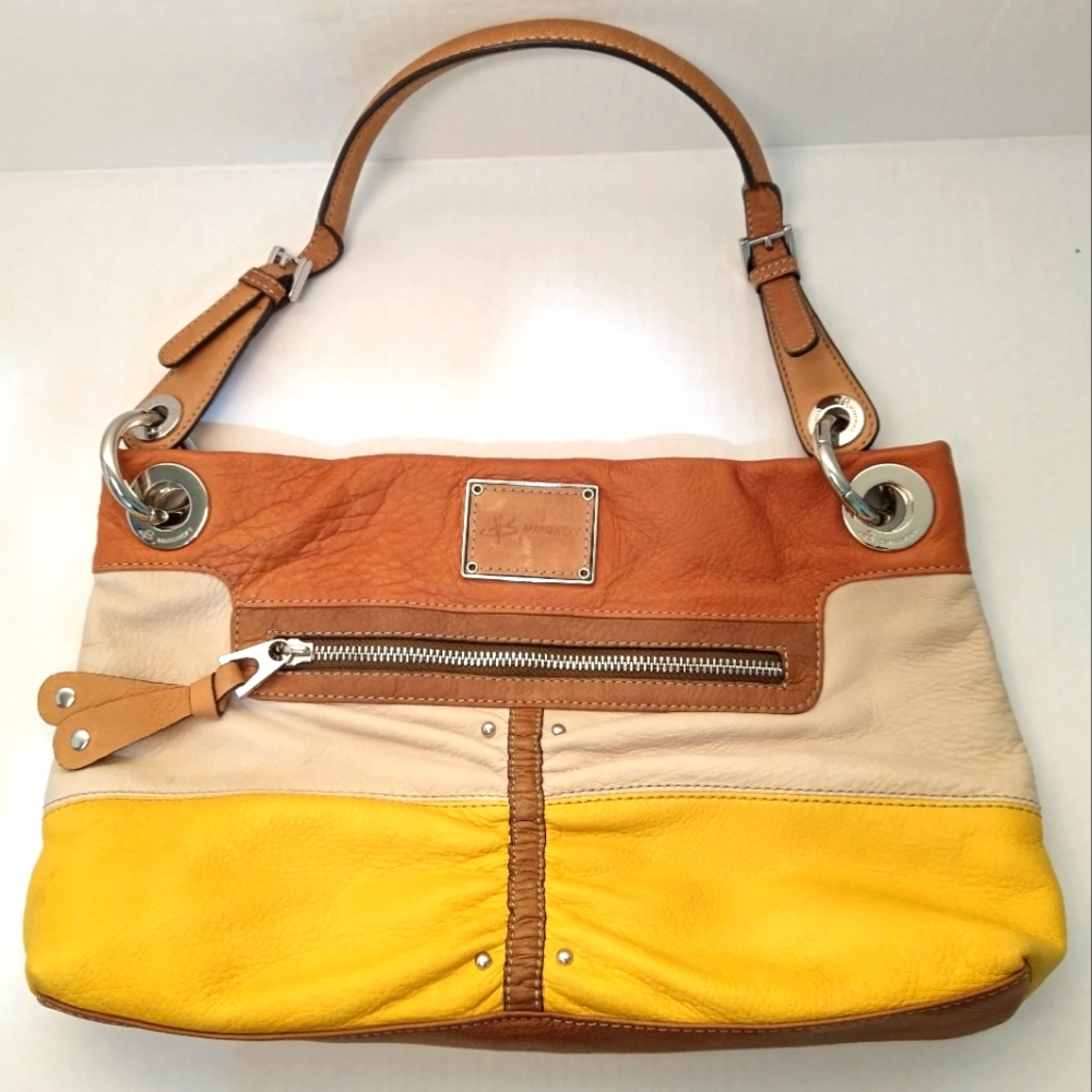 B. MAKOWSKY Brown Yellow & Tan Leather Satchel Shoulder Hand Bag Purse